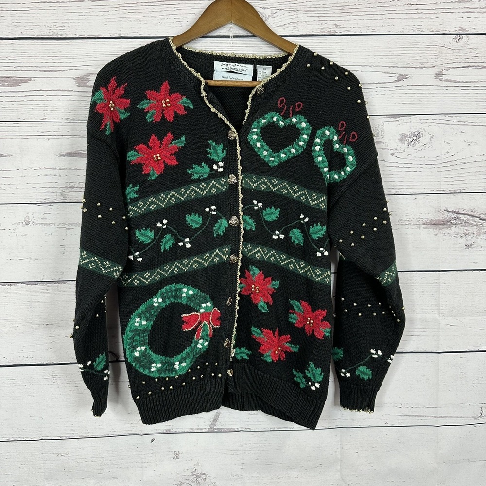 VINTAGE 90s Christmas Sweater Women Large Black Wool Cardigan Button Embroidered